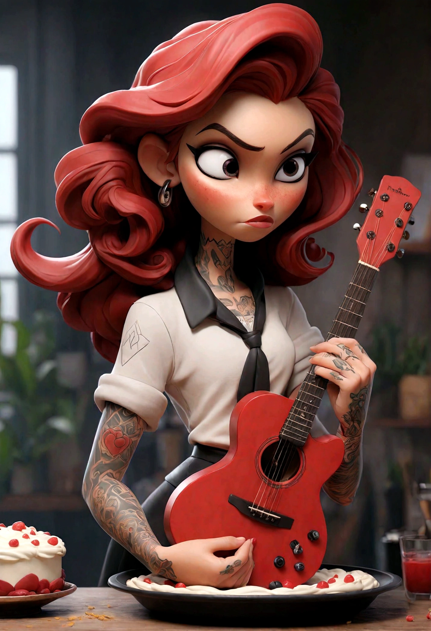 A tattooed woman，（[red|black]hair），Long hair，穿着black色围裙，Holding a shiny guitar，kitchen，Cake and pie on background，indoor，（Soothing tones：1.0），（hdr:1.25），（Art Desk：1.2），Dramatic，（Intricate details：1.14），（Surreal 3D rendering：1.16），：0.55，（rutkowski：1.1），（fade：1.3）