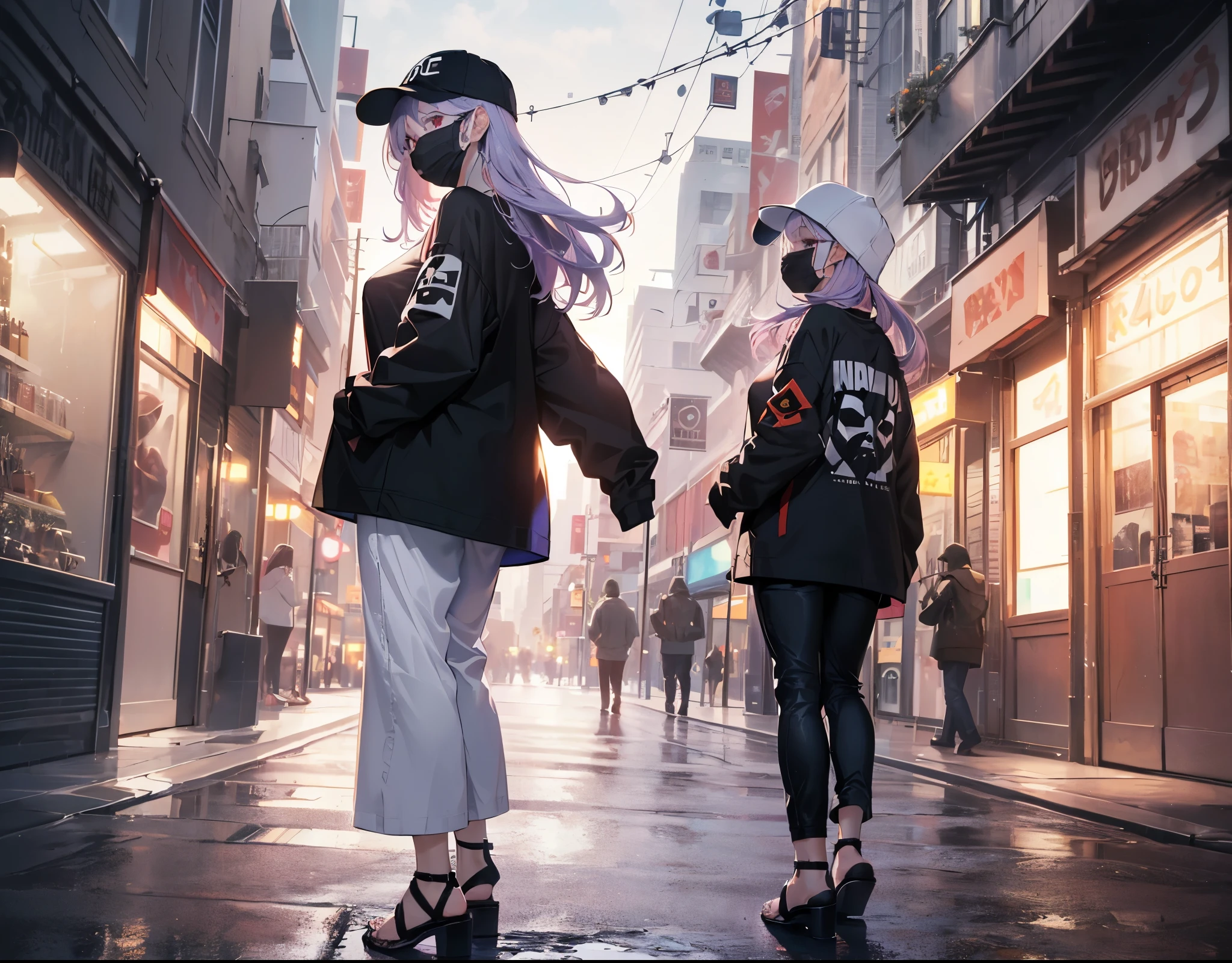 Realistic,highest quality, Super detailed, High-quality CG rendering, The most delicate and beautiful, Floating softly, High resolution, (1 female), (highest quality,4K,8k,masterpiece:1.2), Light purple hair,Long Hair,Red eyes,(Slightly larger breasts:1.5),(White oversized long sleeve T-shirt:1.3),(Black oversized pants:1.3),(White cap:1.3),In the city,old buildings,(Black Mask:1.4),(whole body:1.3),(Sandals:1.2),(Turn your back to your audience:1.3),Butt