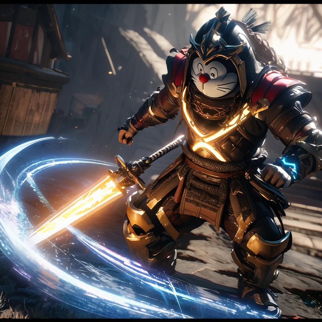 Kenshin from Samurai-X take Kendo final exam guarded by Doraemon, UHD, super detailed, luminescent, intricate, unreal engine,epic realism