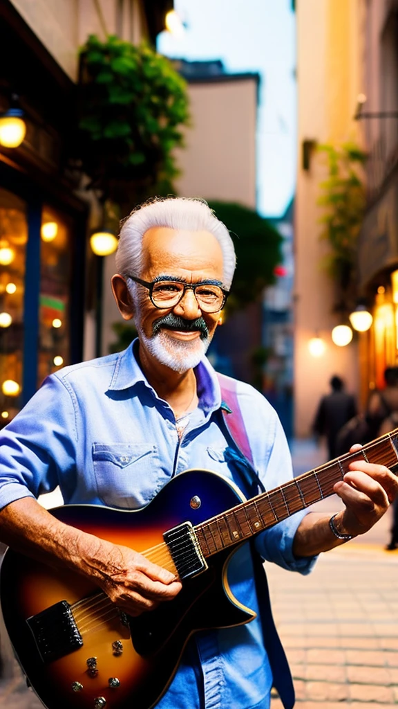 a cheerful old man guitarist, street corner, (best quality,4k,8k,highres,masterpiece:1.2),ultra-detailed,(realistic,photorealistic,photo-realistic:1.37),HDR,UHD,studio lighting,ultra-fine painting,sharp focus,physically-based rendering,extreme detail description,professional,vivid colors,bokeh,detailed face and hands,detailed guitar,street with buildings,warm lighting,cinematic composition,emotional expression