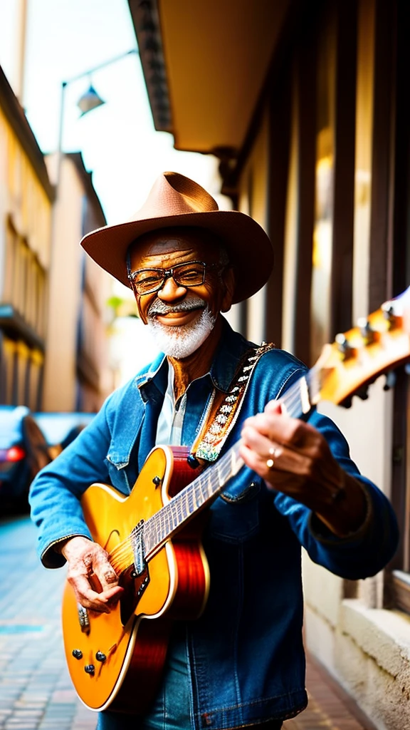 a cheerful old man guitarist, street corner, (best quality,4k,8k,highres,masterpiece:1.2),ultra-detailed,(realistic,photorealistic,photo-realistic:1.37),HDR,UHD,studio lighting,ultra-fine painting,sharp focus,physically-based rendering,extreme detail description,professional,vivid colors,bokeh,detailed face and hands,detailed guitar,street with buildings,warm lighting,cinematic composition,emotional expression