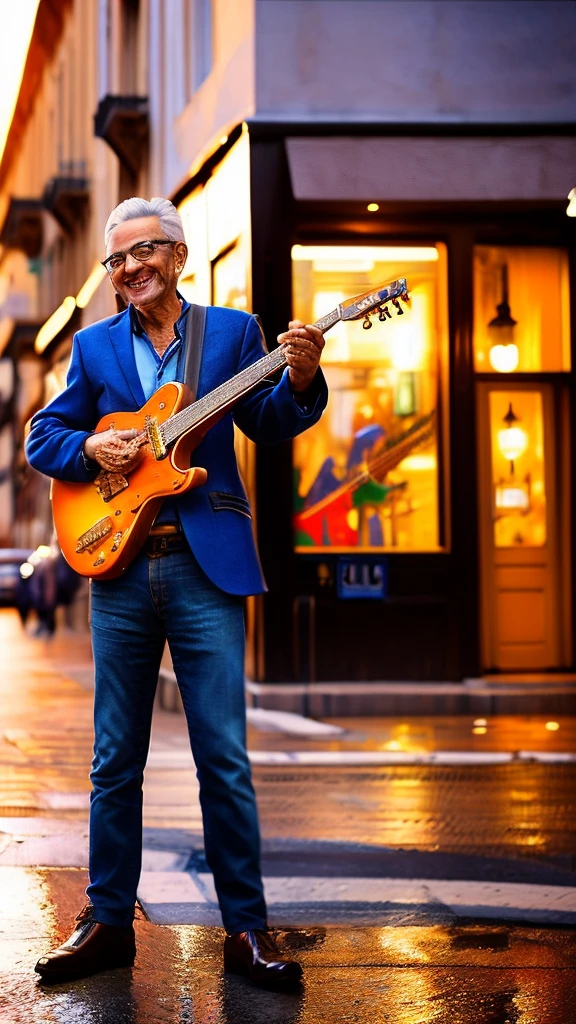 a cheerful old man guitarist, street corner, (best quality,4k,8k,highres,masterpiece:1.2),ultra-detailed,(realistic,photorealistic,photo-realistic:1.37),HDR,UHD,studio lighting,ultra-fine painting,sharp focus,physically-based rendering,extreme detail description,professional,vivid colors,bokeh,detailed face and hands,detailed guitar,street with buildings,warm lighting,cinematic composition,emotional expression