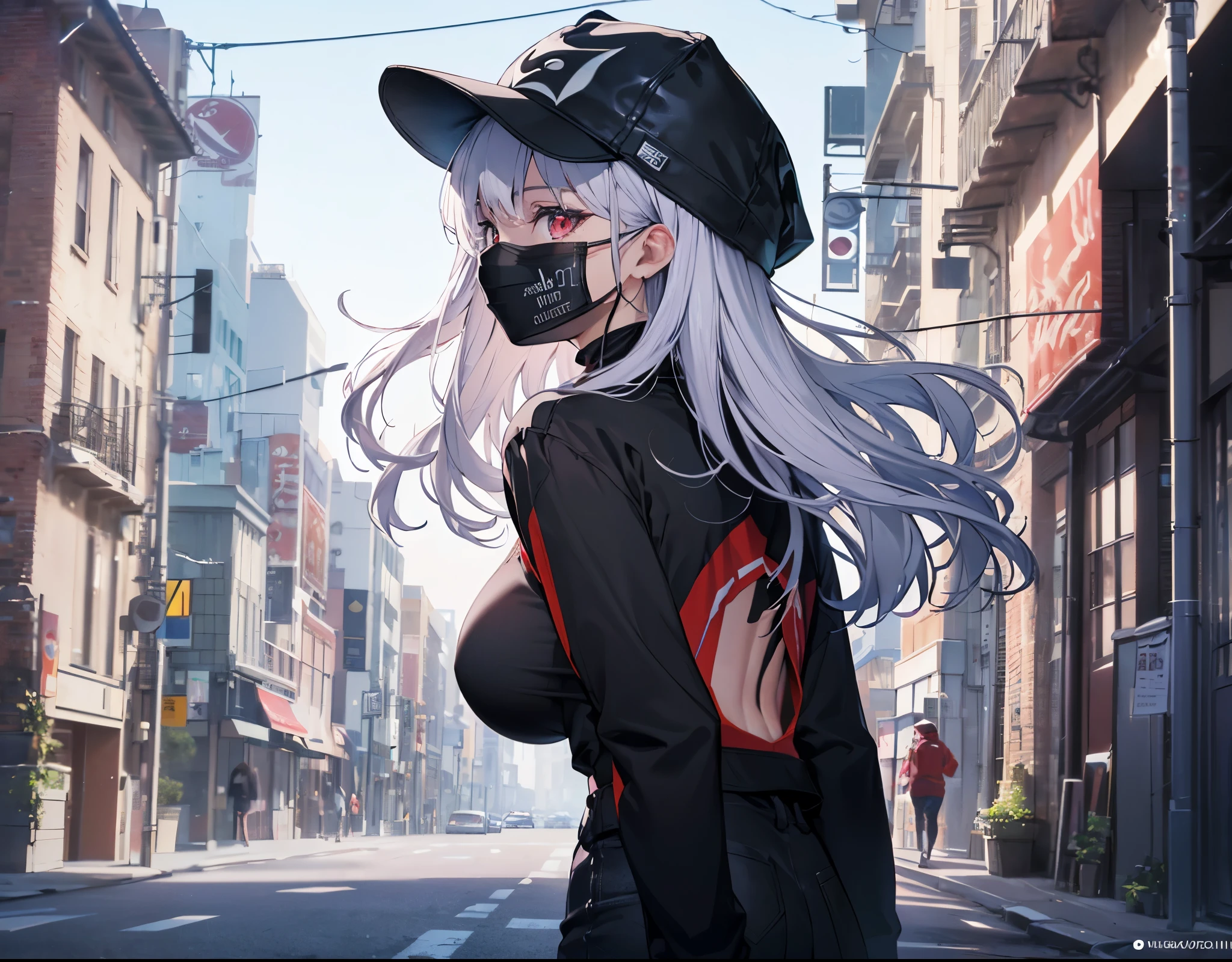 (Close-up:1.3),Realistic,highest quality, Super detailed, High-quality CG rendering, The most delicate and beautiful, Floating softly, High resolution, (1 female), (highest quality,4K,8k,masterpiece:1.2), Light purple hair,Long Hair,Red eyes,(Slightly larger breasts:1.5),(White oversized long sleeve T-shirt:1.3),(Black oversized pants:1.3),(White cap:1.3),In the city,old buildings,(Black Mask:1.4),(Upper Body:1.3),(Turn your back to your audience:1.3),Butt