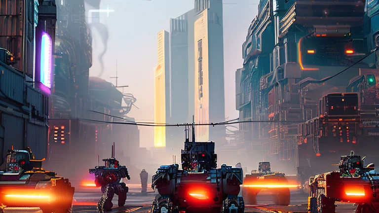 ((ultra realistic illustration:1.3)). A dystopian cyberpunk cityscape. Gritty neon megacity, with battle mechs, and flying vehicles. Inspired by Armored Core, Battletech, Front Mission. Brutalism. Cold, despair. Masterpiece, (highly detailed:1.2),(detailed face and eyes:1.2), 8k wallpaper, Moody lighting. core shadows, high contrast, bokeh.