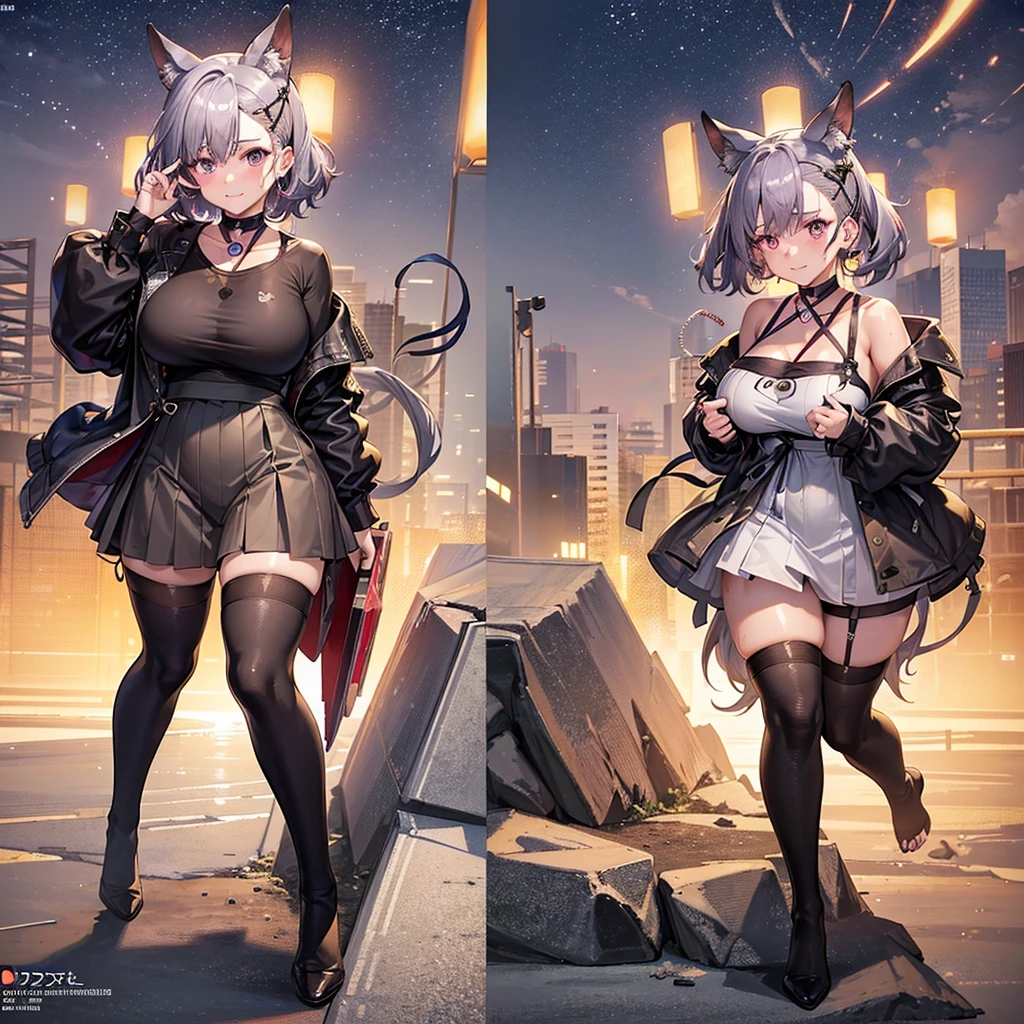 Anime style,masterpiece, high quality, 最high quality, (Concept Art, Official Art,whole body)(three ~ sided view:1.3), ((Character design sheet, same characters, front, ~ side, return)), Virtual YouTuber, girl, Anime style,masterpiece, high quality, 最high quality, (Concept Art, Official Art,whole body)(three ~ sided view:1.3), ((Character design sheet, same characters, front, ~ side, return)), Virtual YouTuber, girl, 1人のgirl,heart-shaped pupils,nail,put your hand on your face,Gray Hair,Purple eyes,(blush:1.1),choker,Upper Body,trembling,Sweat,Sweatdrop,heart,(Speed Line:1.1),Medium chest, ((Heavy breathing:1.3)), like, heart, Crop top, Happy, smile