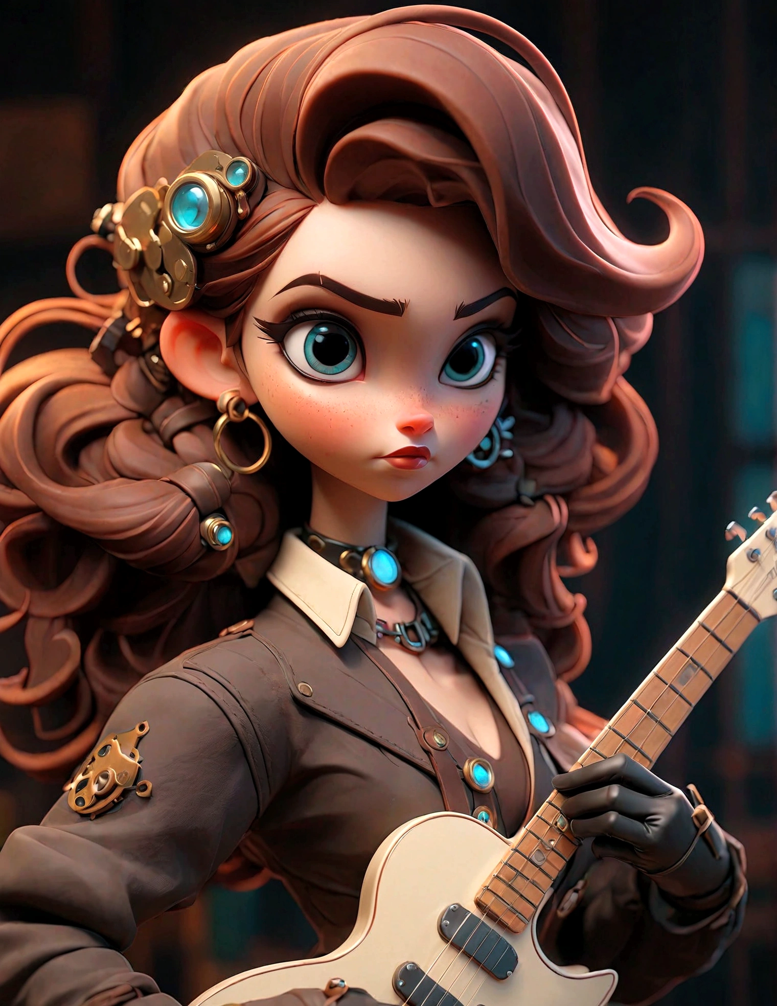 Steampunk style JK girl，Holding a shiny guitar，There is a blurry black shadow standing behind me，beautiful，Celluloid style，Flat coating，HD，3D，comics，8K，high quality，illustration，Vaporwave style，Rim Light，light，Super detailed，complicated，overclocked renderer，
