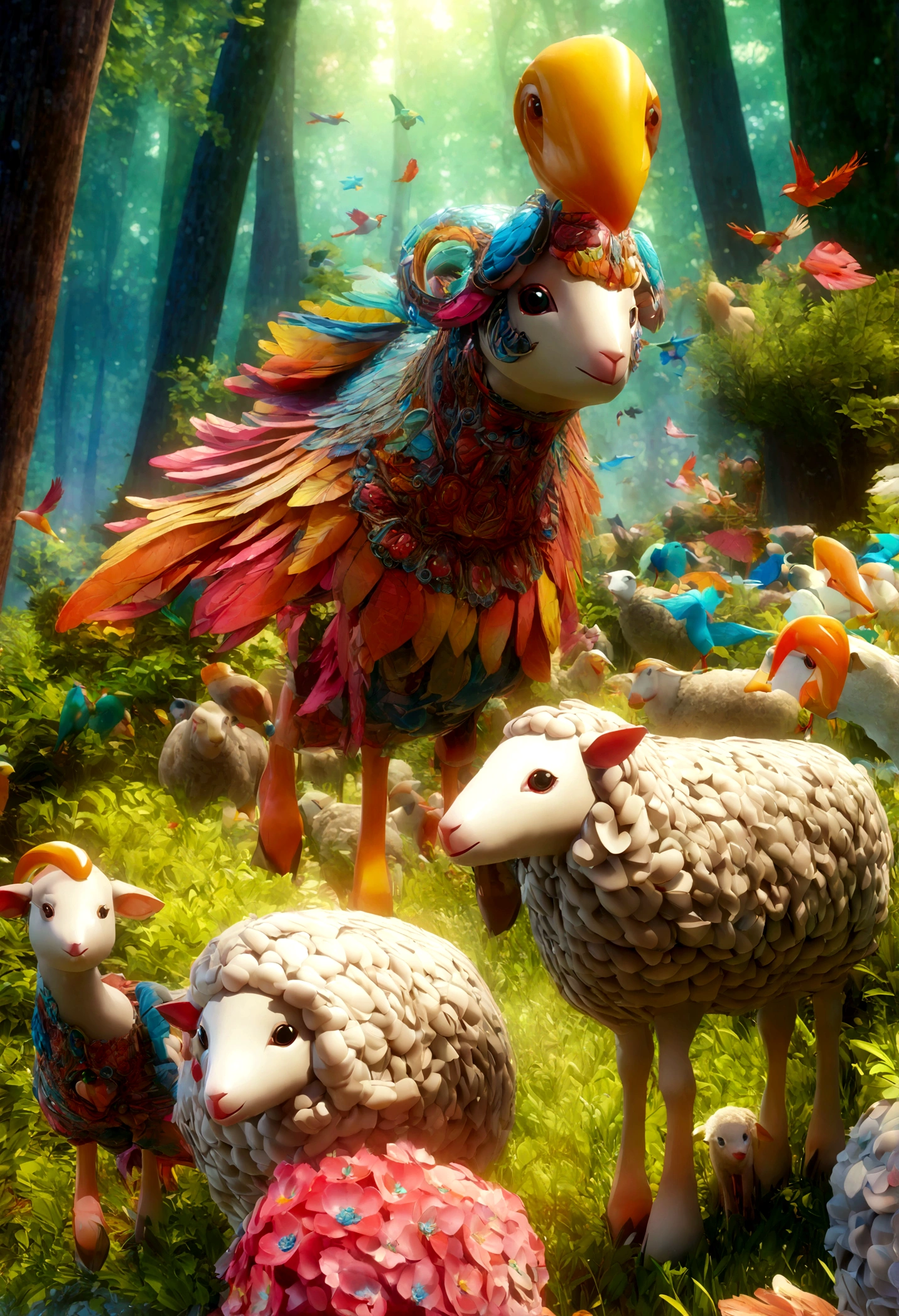 vibrant forest, highly detailed, intricate detail, with animals like sheep, with colourful birds flying,4k resolution,3d style