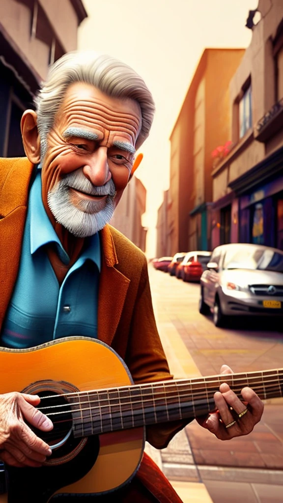 a happy old man guitarist, street corner, photorealistic digital painting, detailed portrait, elderly man playing acoustic guitar on city street, detailed facial features, expressive eyes, detailed wrinkles, rugged skin texture, worn clothes, sun-kissed lighting, vibrant urban background, cinematic composition, warm color palette, dramatic lighting, masterpiece