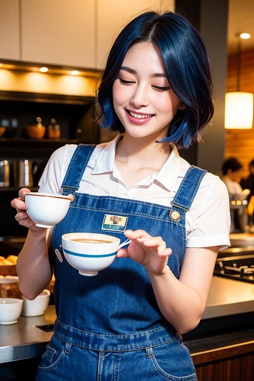 ((最high quality)), ((masterpiece)), (detailed), One girl, super realistic、high quality、Blue Hair、short hair、The Beauty of Japan、Heavy makeup、red rip、double、 upbeat smile、Apple Cheeks、Alabaster skin、Sharp eyebrows 、Mole under the eye、 hotpantsHalf-closed eyes、starbucks crew、starbucks apron、coffee、
25-year-old、Height: 155cm、three size: 82.57.79、