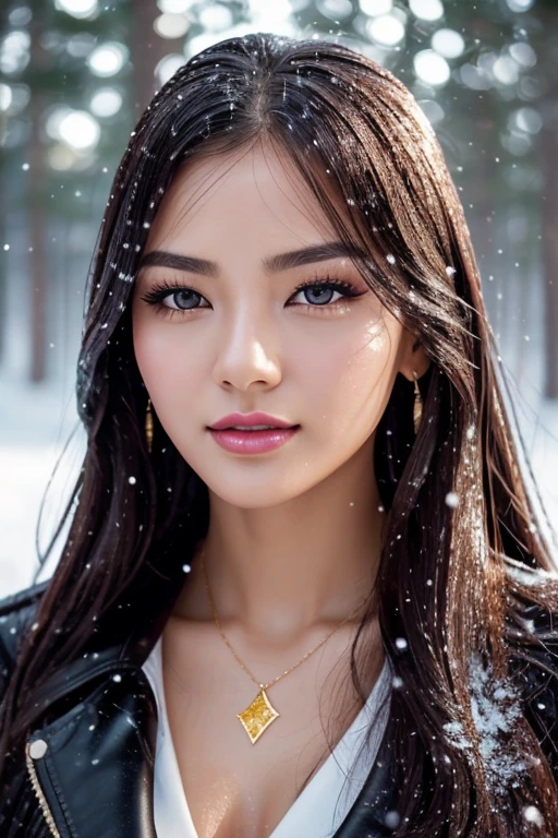 1 girl, Korean model, extremely beautiful, perfect body. The Canon RF35mm f/11 camera sets landscape and full-body shooting modes, 8K, lifelike, masterpiece, sharpest and highest contrast, super-realistic color photos. Her hair is pink, long and smooth, the wind blows it beautifully under the bright sunlight. Beautiful face, perfect and sexy, holy, perfectly proportioned, beautiful in every detail, ((shiny)), high-end cosmetic makeup. Bright smile, pure white teeth and details. Attractive glossy red lips, brilliant glossy red lipstick. Brown eyes, glossy, seductive, ((sharp makeup)), realistic, ((wet eyes)), detailed. Pink eyeshadow, long eyelashes, blush, high-end cosmetics. Two delicate eyelids, perfectly beautiful and detailed, black eyelashes. Eyebrows are curved, sparse, sharp and detailed. High and detailed nose. Cheeks are prominent and detailed. ((Bright white skin)), detailed pores, shiny skin, smooth skin. Long, shiny legs. Hands are beautiful, perfect, ((no flaws)), no defects. Complex light, yellow-black rays, ((lights the face)), sparkling sunlight, ((lights the girl's body)). Gold and silver earrings, diamond necklace, emerald belt, Rolex watch.
Slim-fitting jacket dress above the knee, snowy pine trees, snowflakes, fog, cold air, cinematic lighting, dramatic silhouettes, fantasy, depth of field, volumetric lighting, covered trees Falling snow, snow falling in hair, beautiful background scenery, detailed background, super detailed. Canon camera captures the girl's entire body, the background is sharp.