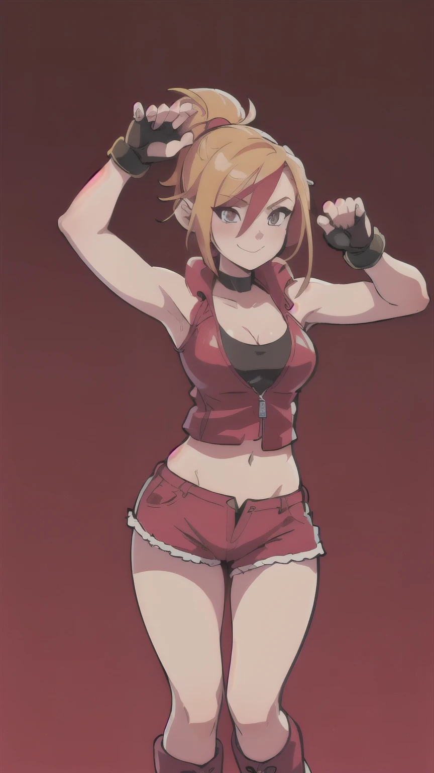 GameGirl , (blonde ponytail) with pink streak highlights, 80's anime style, (flat chest), thighs, hips, small waist, riding a bike in the city, biker shorts, from the side, bikini top, cloudy day, near train tracks, cartoon