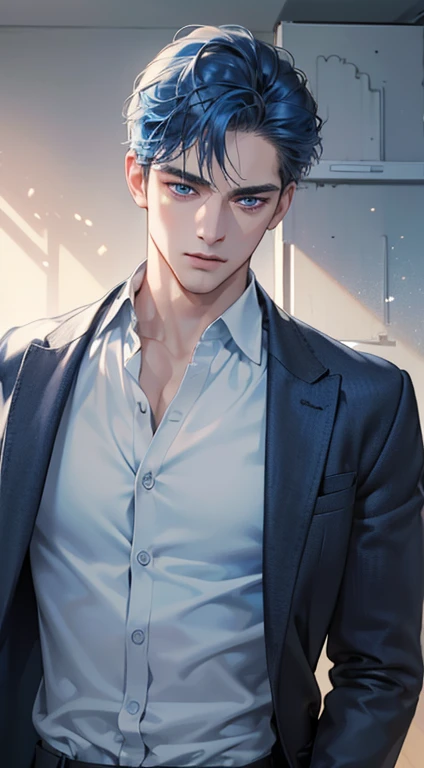 (best quality, masterpiece, 8K, photorealistic, cinematic lighting, 1:4 hdr image, ultra detailed, beautiful image), a mature man, 34 years very handsome, ((cold expression)), short blue hair, blue eyes, face perfect without mistakes, ((buttoning his jacket, CEO))