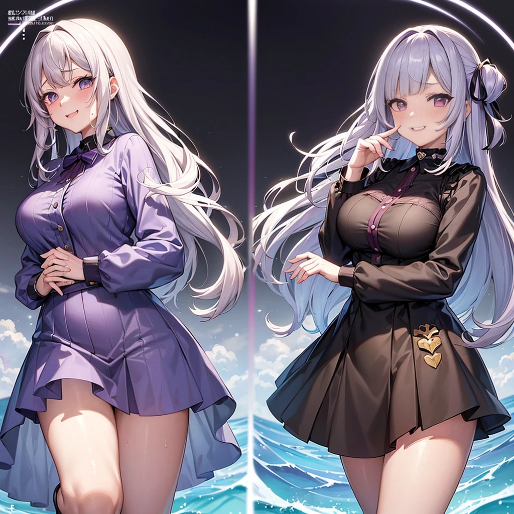 Anime style,masterpiece, high quality, 最high quality, (Concept Art, Official Art,whole body)(three ~ sided view:1.3), ((Character design sheet, same characters, front, ~ side, return)), Virtual YouTuber, girl, Anime style,masterpiece, high quality, 最high quality, (Concept Art, Official Art,whole body)(three ~ sided view:1.3), ((Character design sheet, same characters, front, ~ side, return)), Virtual YouTuber, girl, 1人のgirl,heart-shaped pupils,nail,put your hand on your face,Gray Hair,Purple eyes,(blush:1.1),choker,Upper Body,trembling,Sweat,Sweatdrop,heart,(Speed Line:1.1),Medium chest, ((Heavy breathing:1.3)), like, heart, Crop top, Happy, smile