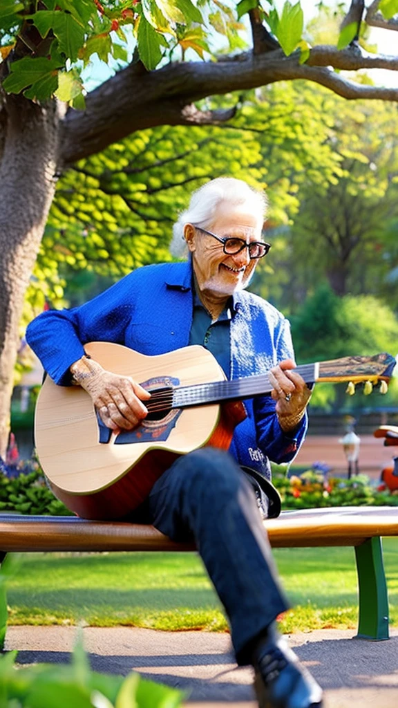A cheerful elderly guitarist playing guitar in a park, detailed portrait, intricate guitar, sunlighted park environment, detailed wooden bench, lush greenery, birds in the trees, warm natural lighting, vibrant colors, (best quality,4k,8k,highres,masterpiece:1.2),ultra-detailed,(realistic,photorealistic,photo-realistic:1.37),portrait,landscape,photo
