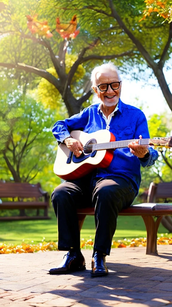 A cheerful elderly guitarist playing guitar in a park, detailed portrait, intricate guitar, sunlighted park environment, detailed wooden bench, lush greenery, birds in the trees, warm natural lighting, vibrant colors, (best quality,4k,8k,highres,masterpiece:1.2),ultra-detailed,(realistic,photorealistic,photo-realistic:1.37),portrait,landscape,photo