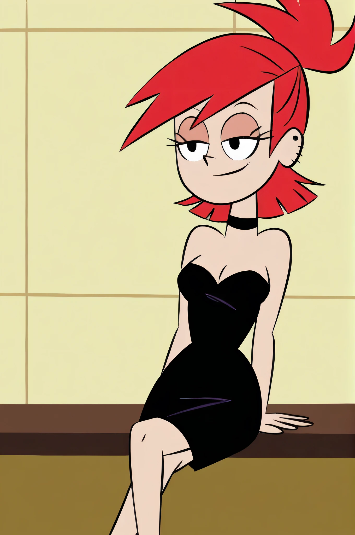 FrankieFoster, red medium bob hair, black eyes, posing, solo, strapless black dress, crossed legs, smug, beautiful, arms at sides, head tilt, on a table, hotel