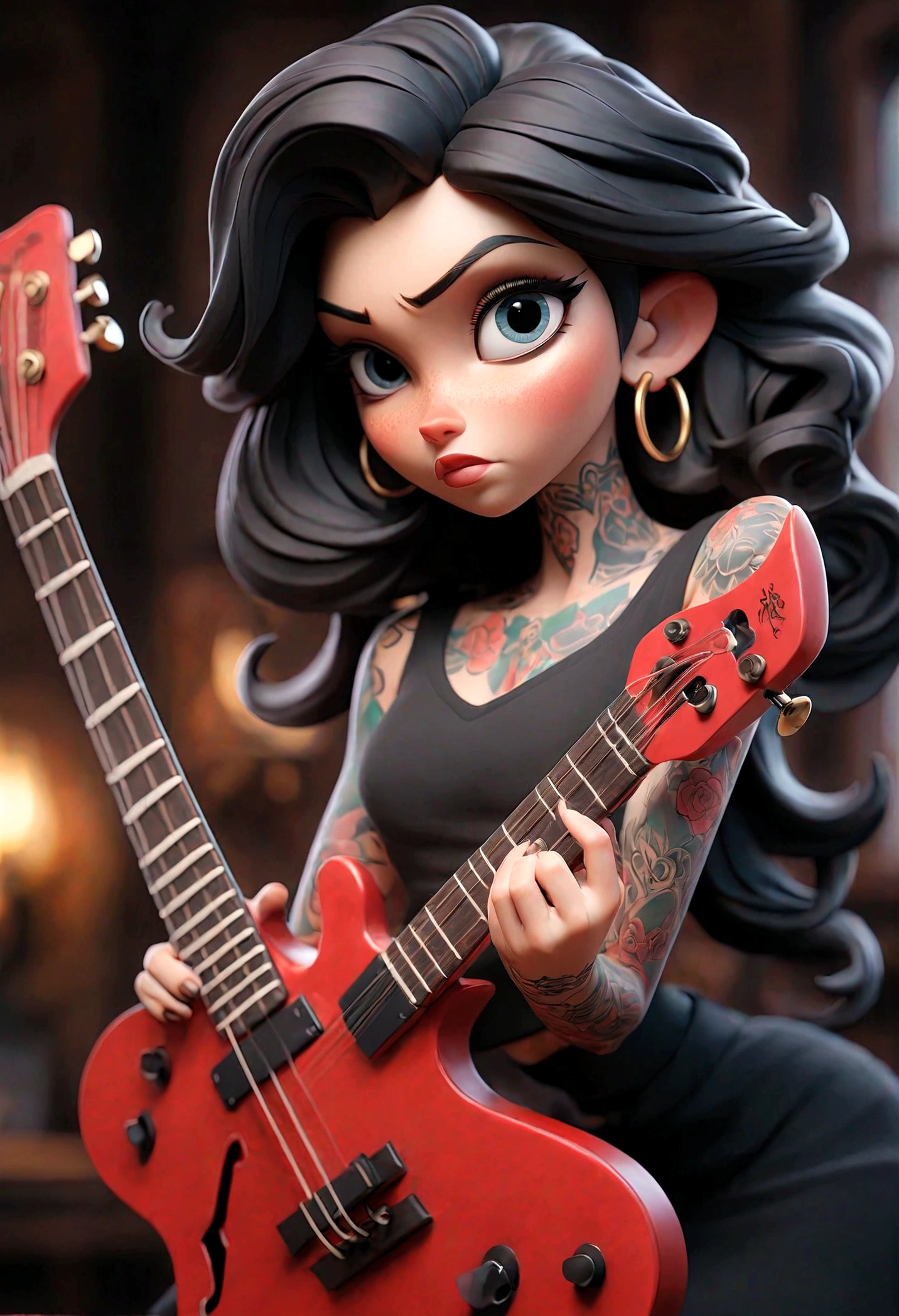 A tattooed woman，（[red|black]hair），Long hair，穿着black色连衣裙，Performing with a shiny guitar，indoor，（Soothing tones：1.0），（hdr:1.25），Dramatic，（Intricate details：1.14），（Surreal 3D rendering：1.16），：0.55，（rutkowski：1.1），（fade：1.3）