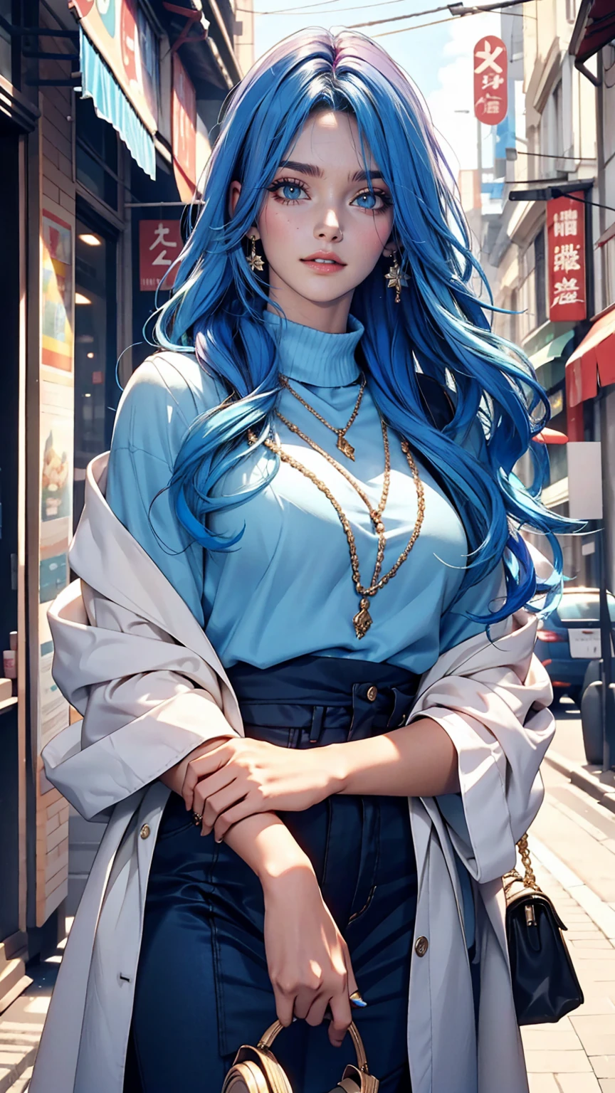 25-year-old woman、Hair color is gradient color、Eye color: Blue、semi-long、My hair is wavy、I'm wearing eyeshadow and lipstick、I'm wearing a headband、Accessories on the wrist、Slender but well-proportioned, slim and muscular body、Wearing a tie-front shirt、She's wearing a low-rise mini pleated skirt、smile、looking at the camera、surrounded by high concrete walls
