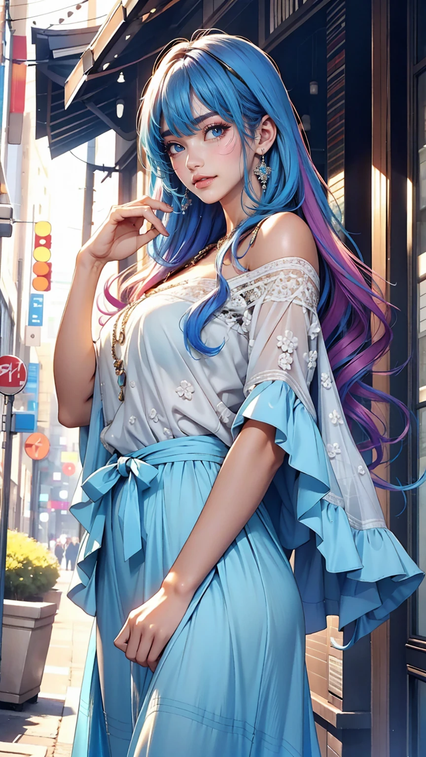 25-year-old woman、Hair color is gradient color、Eye color: Blue、semi-long、My hair is wavy、I'm wearing eyeshadow and lipstick、I'm wearing a headband、Accessories on the wrist、Slender but well-proportioned, slim and muscular body、Wearing a tie-front shirt、She's wearing a low-rise mini pleated skirt、smile、looking at the camera、surrounded by high concrete walls
