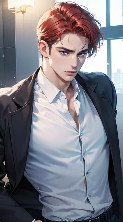 (best quality, masterpiece, 8K, photorealistic, cinematic lighting, 1:4 hdr image, ultra detailed, beautiful image), a mature man, 34 years very handsome, ((cold expression)), short red hair, blue eyes, face perfect without mistakes, ((buttoning his jacket, CEO))