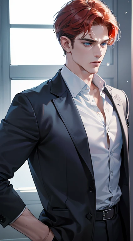 (best quality, masterpiece, 8K, photorealistic, cinematic lighting, 1:4 hdr image, ultra detailed, beautiful image), a mature man, 34 years very handsome, ((cold expression)), short red hair, blue eyes, face perfect without mistakes, ((buttoning his jacket, CEO))