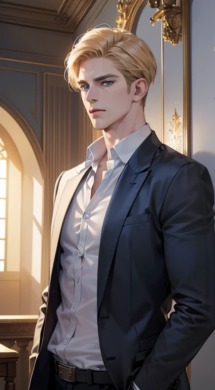 (best quality, masterpiece, 8K, photorealistic, cinematic lighting, 1:4 hdr image, ultra detailed, beautiful image), a mature man, 34 years very handsome, ((cold expression)), short golden hair, blue eyes, face perfect without mistakes, ((buttoning his jacket, CEO))