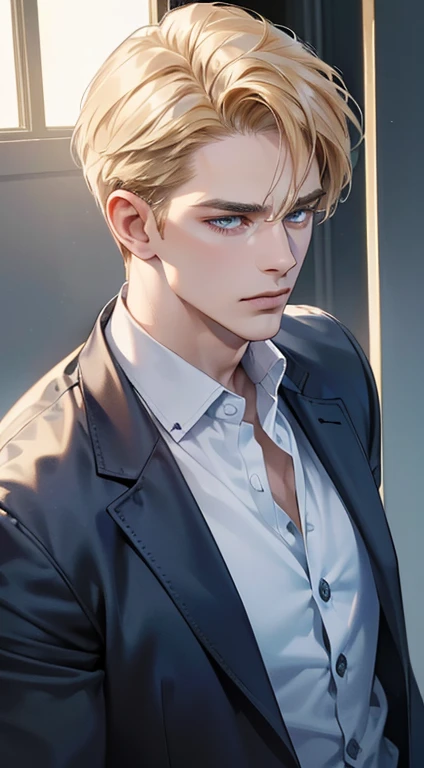 (best quality, masterpiece, 8K, photorealistic, cinematic lighting, 1:4 hdr image, ultra detailed, beautiful image), a mature man, 34 years very handsome, ((cold expression)), short golden hair, blue eyes, face perfect without mistakes, ((buttoning his jacket, CEO))