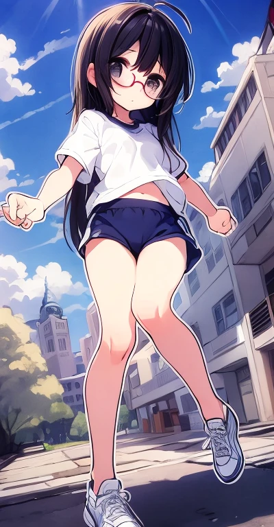 (big round glasses:1.3)、(Timid girl、blush、Watery eye:1.2)、Long black hair、White short sleeve shirt、Navy blue shorts、Gym suit、  body、Flat body