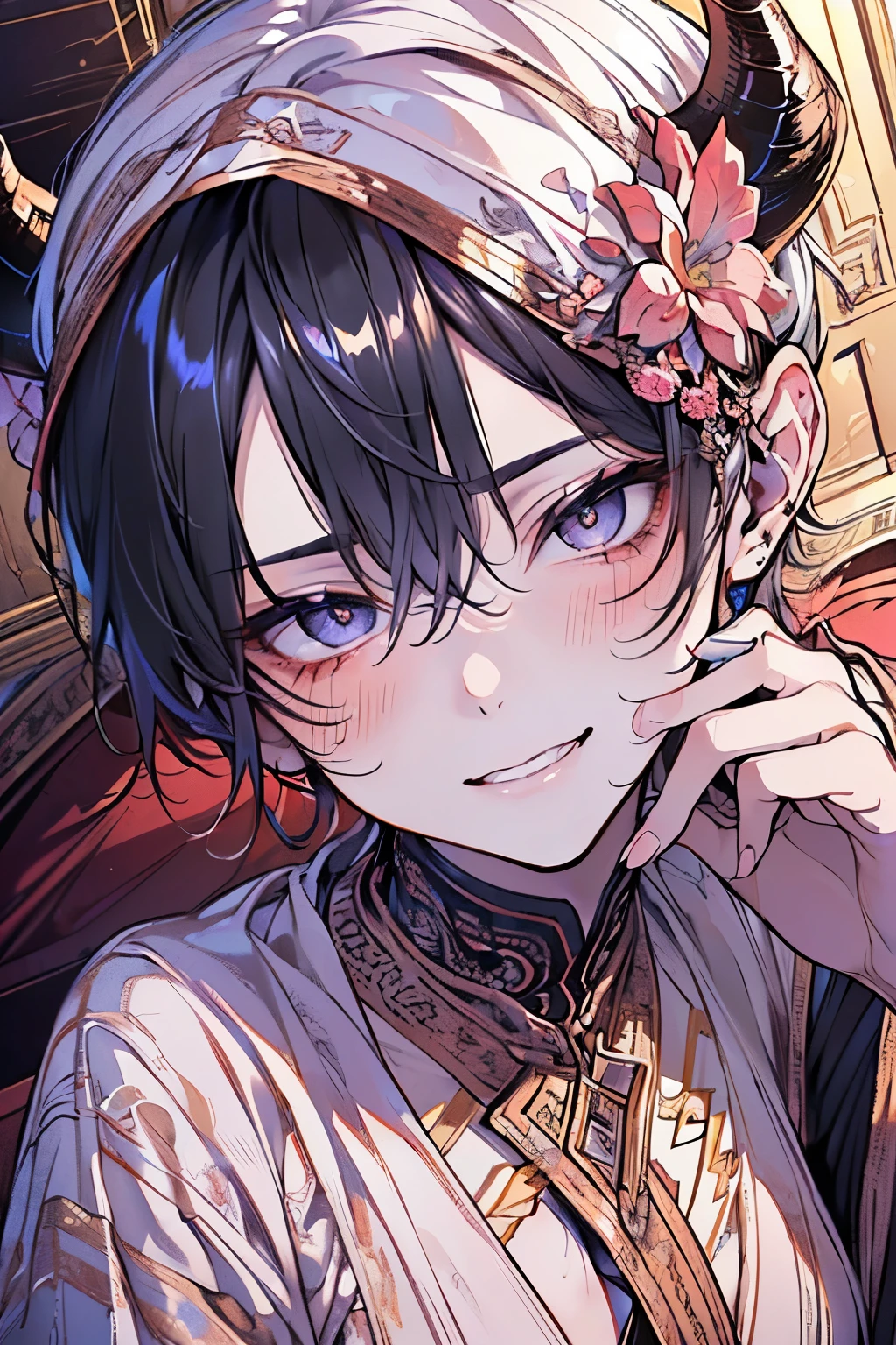 ,((male:1.5)),((mens:1.3)),((lightning hair:1.3)),(Shiny marble eyes:1.45),(forehead mark),(NSFW:1.15),((Devil horns:1.2)),(A lustrous, soft face:1.4),((blush、Excited face:1.2)),(low angle:1.5),((Sexy room:1.25)),((Gorgeous Arabian costume:1.3)),(hand to own cheek:1.2)