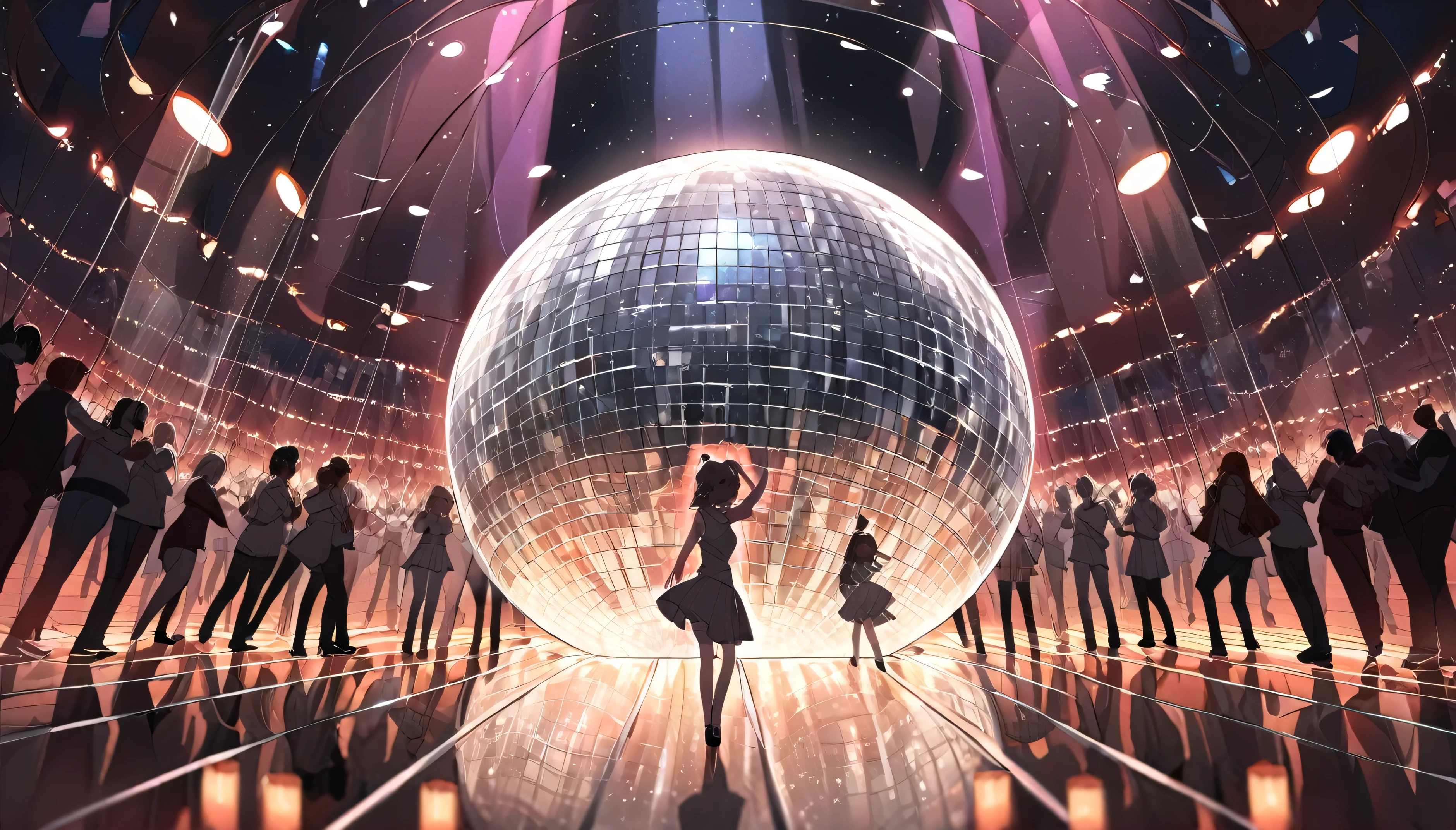 A disco ball casting reflections across a crowded dance floor - "Loucura de bola de espelhos",ouvido de bate-papo