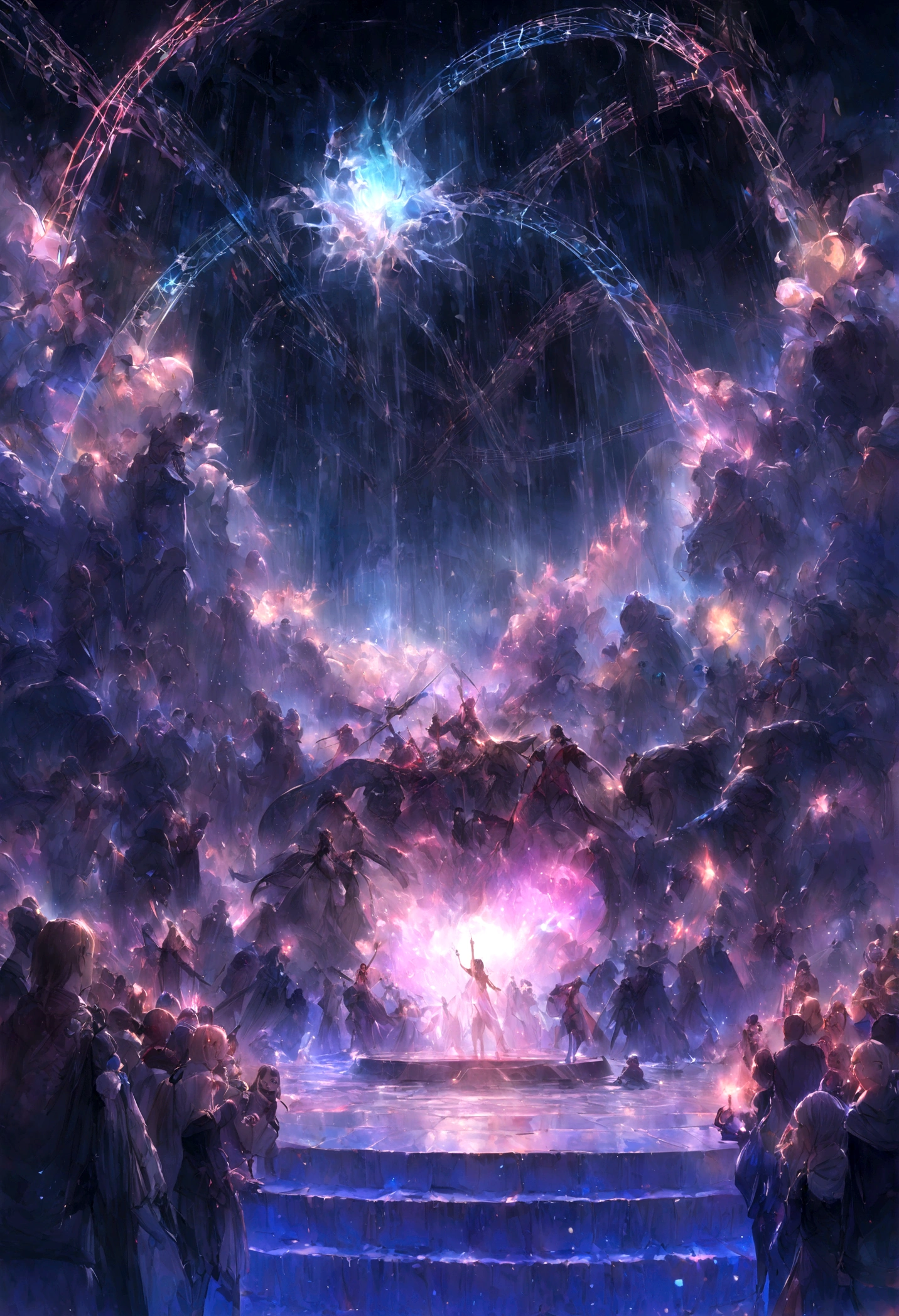 (melhor qualidade,4k,8K,high resolution,Obra de arte:1.2),Super detalhado,(realista,Realismo,Realismo:1.37),Stage lighting illuminates the scene,smoky atmosphere,fundo escuro,atmosfera brilhante spotlighectric,concert scene,Pulsing Neon Lights,piso de palco brilhante,strong emotion,Show vibrante com cores brilhantes、atmosfera comovente、sharp focus、Show de Laser、efeito de palco em movimento、huge crowd mysterious aura、melodic sound waveuturistic visual effects、Design de palco impressionante、tecnologia de ponta、atmosfera animada、A modern entertainment experience、Top do mundo、harmonious music and images、artistic expression、musical genius、Charming stage presence