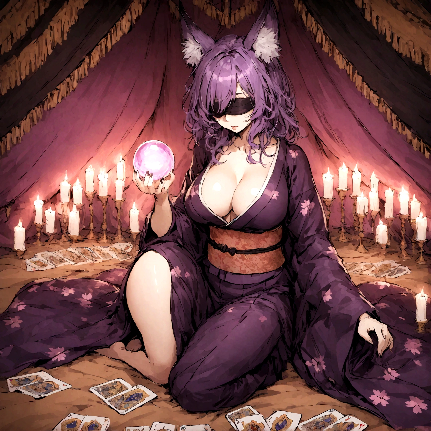 a sexy milf with a blindfold on, has very long purple hair, breasts, showing cleavage, has fox ears, wearing sakura kimono, in a gypsy tent, reading a crystal ball and surrounded by tarot cards, surrounded by candles