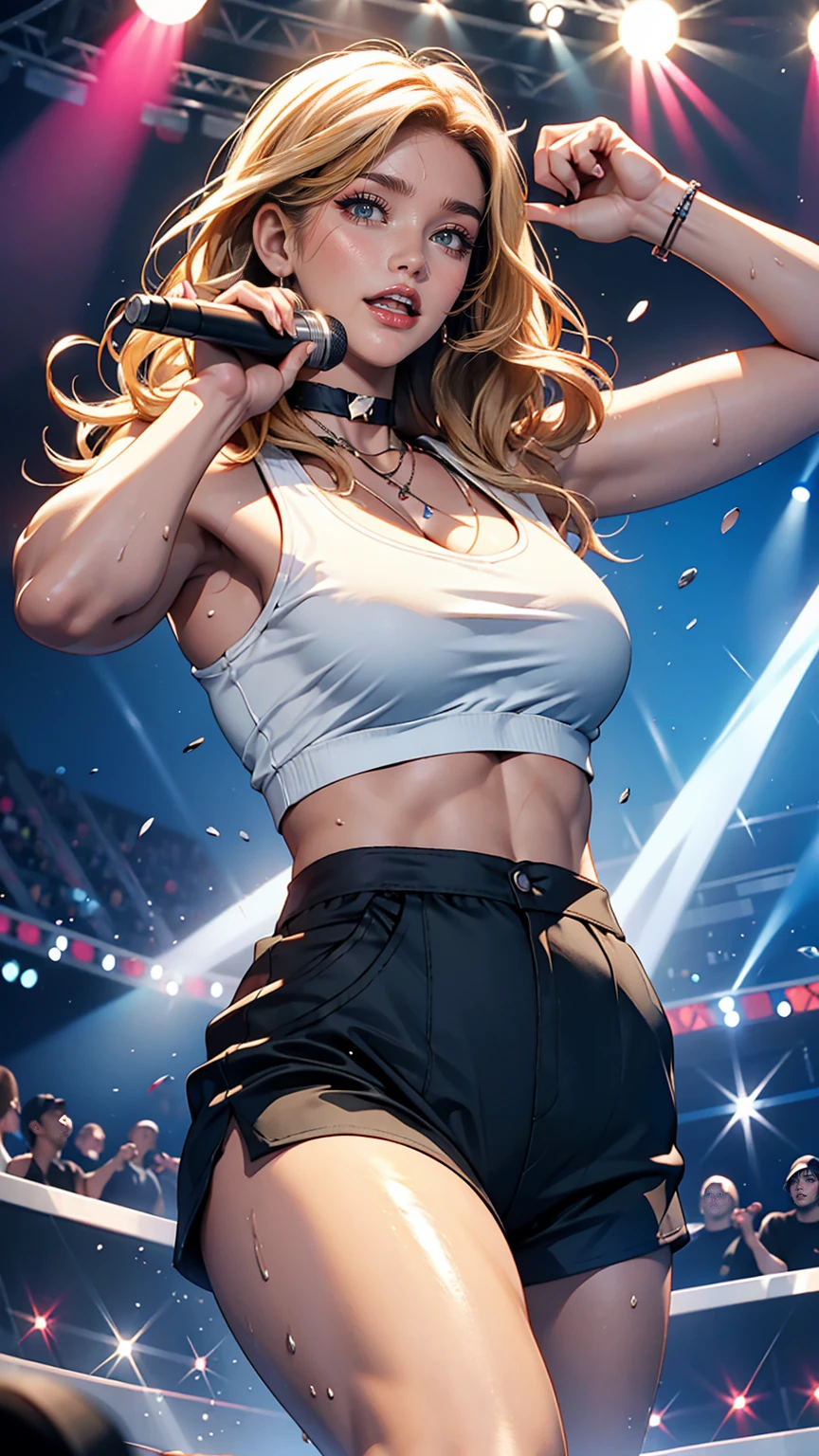 A 23-year-old white woman with unparalleled beauty、blue eyes、Dark Blonde、Hair is wavy、long hair、The ends of the hair are curled upwards、He is holding the microphone stand and singing passionately on stage at a music festival, sweat flying everywhere.、smile、View from the front、Wearing a black sports bra made by a sports manufacturer、Wearing a black choker、She's wearing tight, distressed denim hot pants.、The navel is sticking out、My abs are ripped、A slender yet well-proportioned body、My chest is popping out、I want my head to stay off screen、The color of the jacket is random、I'm wearing my jacket around my waist、Wearing accessories on the wrist、She's wearing orange stockings that reach up to her thighs on one leg、Wearing a baseball cap、Wearing a wristband on his wrist