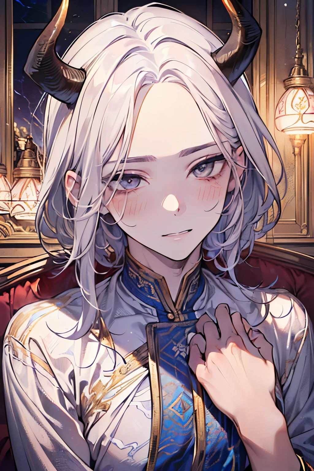 ,((male:1.5)),((mens:1.3)),((lightning hair:1.3)),(Shiny marble eyes:1.45),(forehead mark),((Devil horns:1.2)),(A lustrous, soft face:1.4),((blush、Excited face:1.2)),((Sexy room:1.25)),((Gorgeous Arabian costume:1.3)),(hand to own cheek:1.2),((upper body:1.4)),
