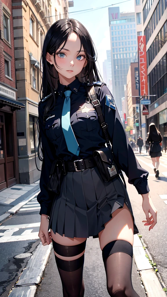 Ridiculous resolution, high resolution, (masterpiece:1.4), Extremely detailed, 1 Girl,blue eyes, Black long hair，Wear a police uniform and a short skirt, City Streets,Sexy pose, The camera is close to the body