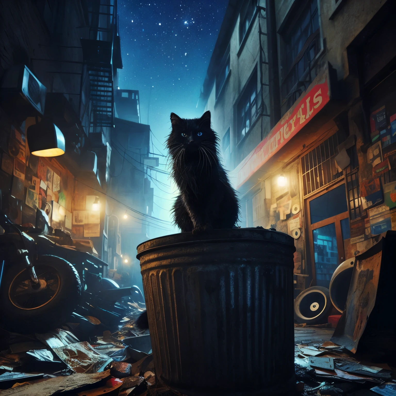 An intense dirty scrappy black cat sitting on top of a huge old metal garbage can, Hollywood lighting, behind a rundown old hippy record store in a dirty alley, dark dimly lit blue night sky with stars, dust, 8k resolution,