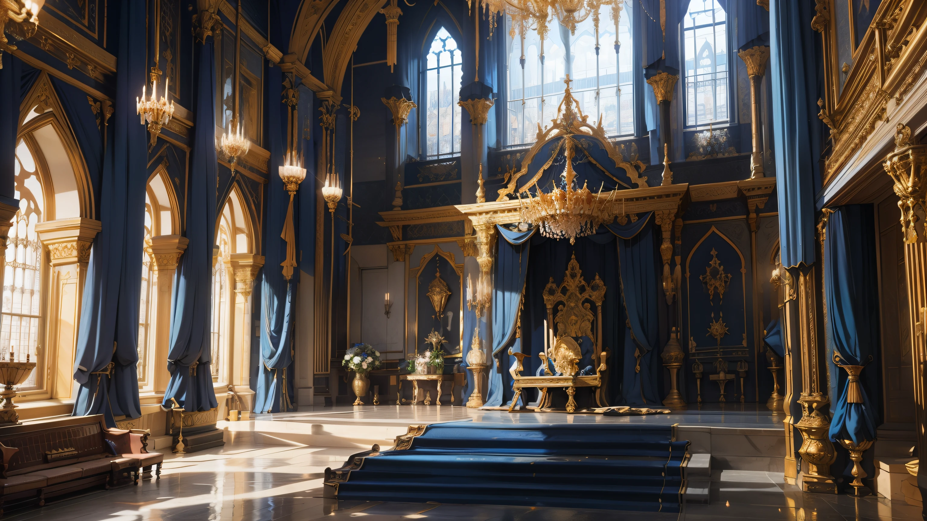 (Indoor wide angle),Medieval palace interior,throne,(Blue flags on the roof),Main Hall,palace,,luxury,style,Magnificent,Indoor high ceiling,