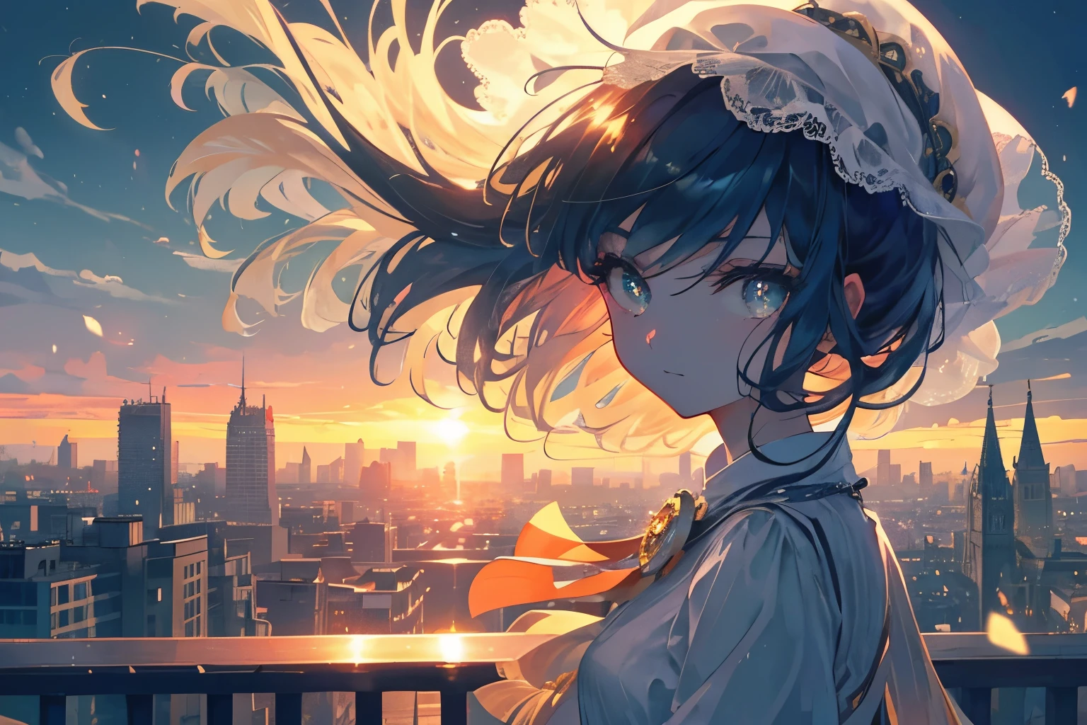 Create exquisite illustrations reminiscent of Makoto Shinkai's style, It has ultra-fine details and top-notch quality. Create a high-quality illustration depicting a nostalgic London cityscape bathed in the glow of the sunset, with a beautiful girl present. The scene should evoke a sense of nostalgia and enchantment, with intricate details and a dreamy atmosphere. The girl's features should be beautifully rendered, capturing her serene and contemplative expression. The cityscape should include iconic elements of London, such as historical buildings, cobblestone streets, and softly glowing street lamps. The warm hues of the sunset should cast a golden glow over the scene, enhancing the nostalgic and magical feel. Every element should be meticulously crafted to immerse the viewer in a nostalgic and enchanting moment. best quality, masterpiece, expressive eyes, gorgeous, vivid, perfect face, smile, happyness, 2eyes, emotion, detailed pupils, vivid pupils,stunning, life, relfection, peace, warm, compsition, artistic, 4k, wallpaper, bonnet, wind, glowing eyes
