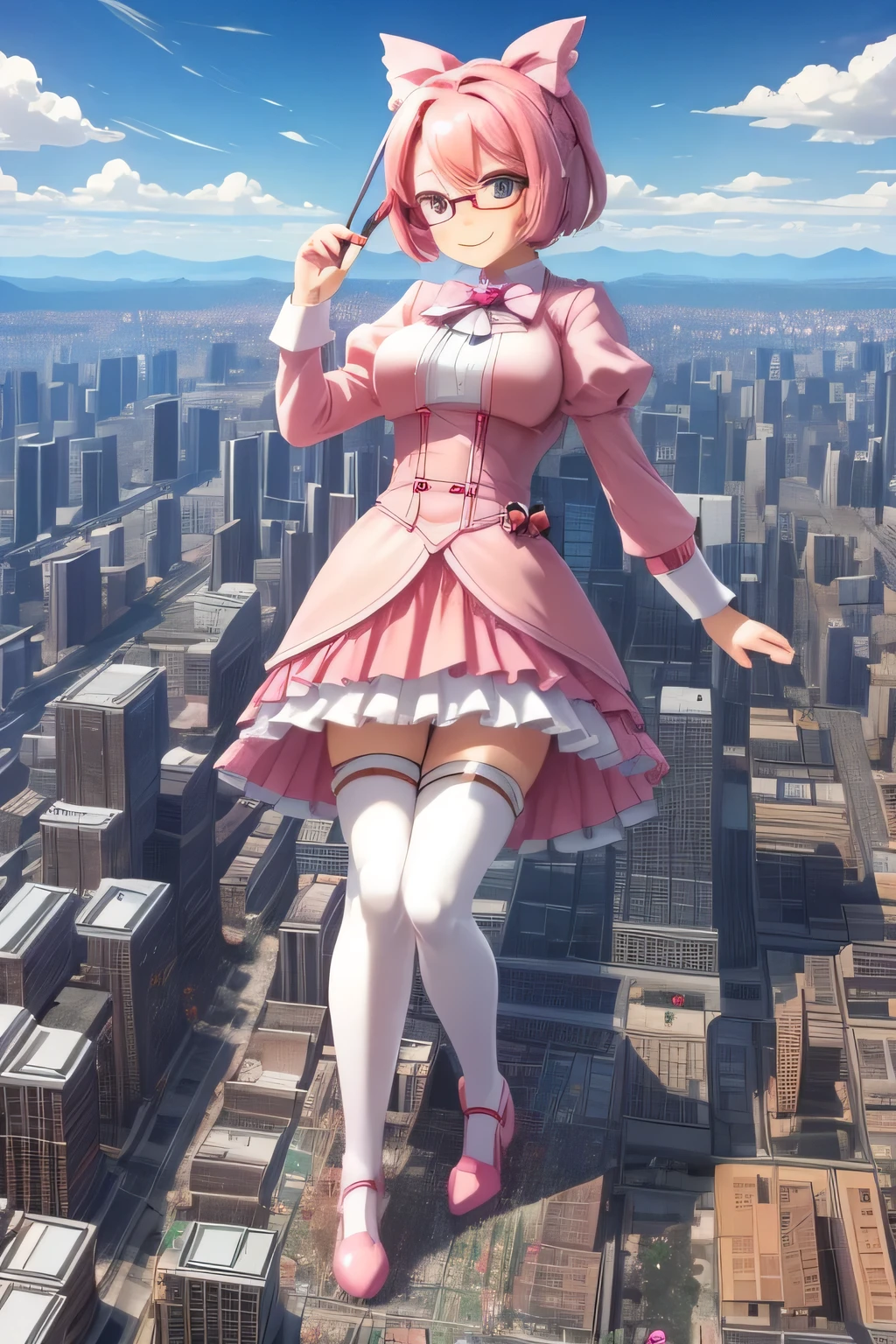 giantess art, highly detailed giantess shots, giantess, Two legs, Five fingers, short hair, A beautiful girl who is bigger than a skyscraper, Wearing rimless glasses, smile, Big Breasts, pink dress, bow, magical girl, holding a magical wand, black pantyhose, pink stiletto heels, thunderbolt from a magical wand, Destroying cities, A very small big city, Miniature metropolis, Full body description, GTS, giga giantess, stomping city, crash city, tiny city, micro city, pantyhose feet, High resolution, highest quality, masterpiece, 