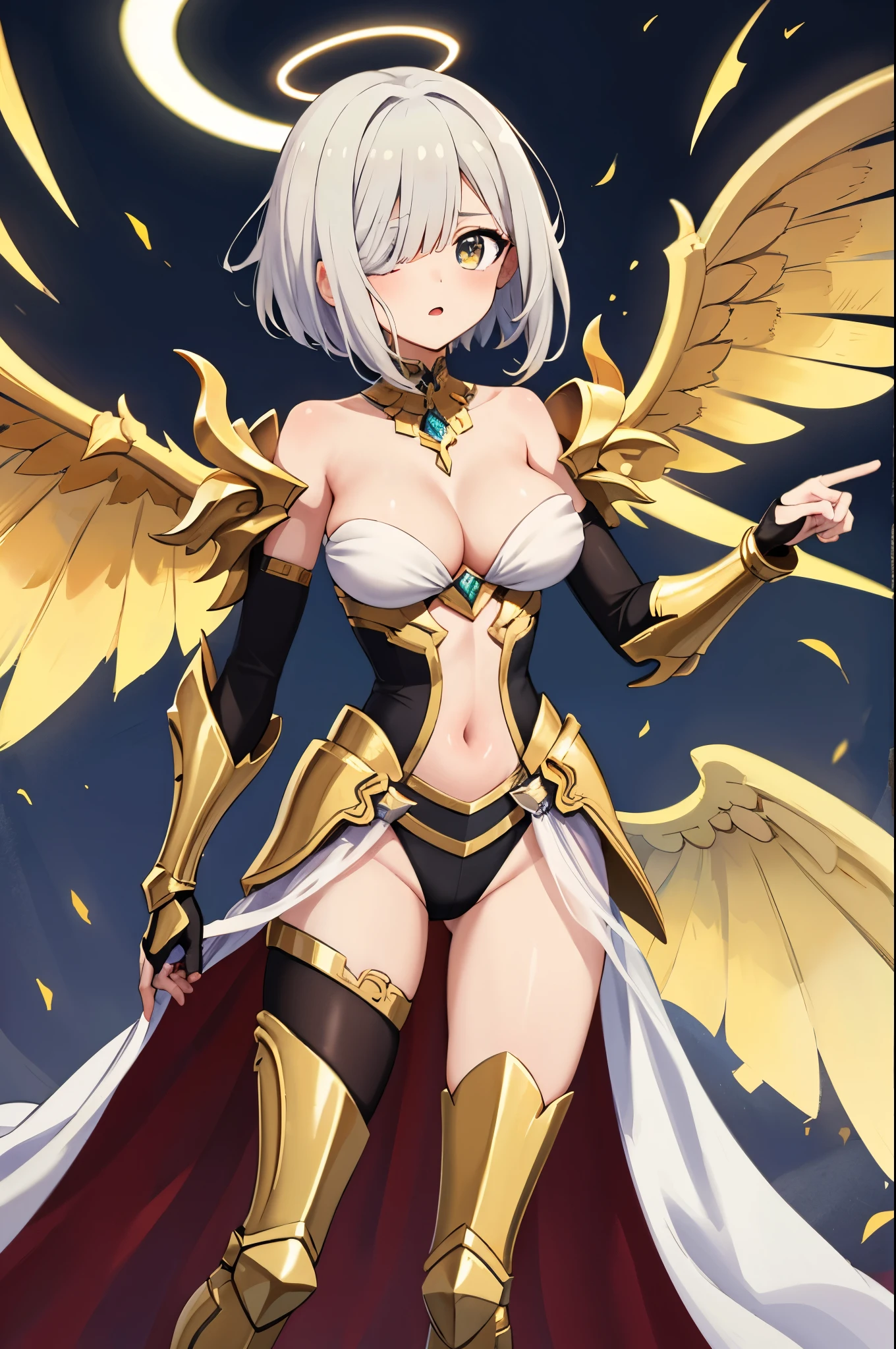 fantasy, 1angel_girl,very_young_, ,silver_hair, short_hair, long_bangs, halo,bare_shoulder,thighhighs,silver_armor, waist_armor, large_breasts,half_eyes,1pair_wings, dynamic_pose_fighting,floating, bare_crotch, headgear,gauntlet, greaves,city_background,slightly_spread_legs, solo, groin_naked,tan_skin,hair_over_one_eye,