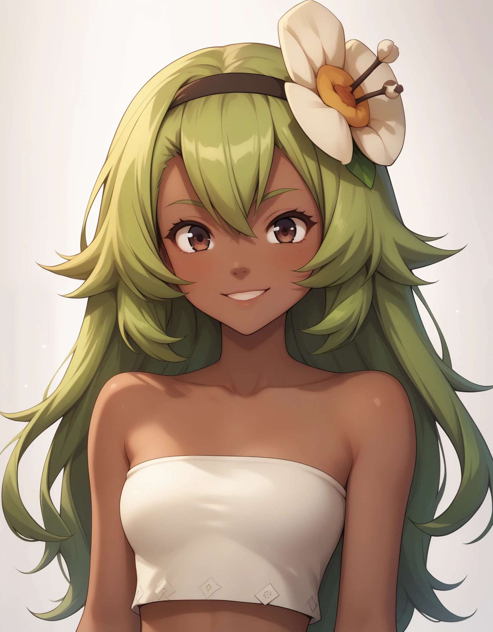 score_9, score_8_up, score_7_up, score_6_up, BREAK, source_cartoon, source_anime, 1girl, amaliayoung, amalia sheran sharm,, green hair, long hair, hair flower, dark skin, bare shoulders, tube top, upper body, smile, looking at viewer, solo, simple background