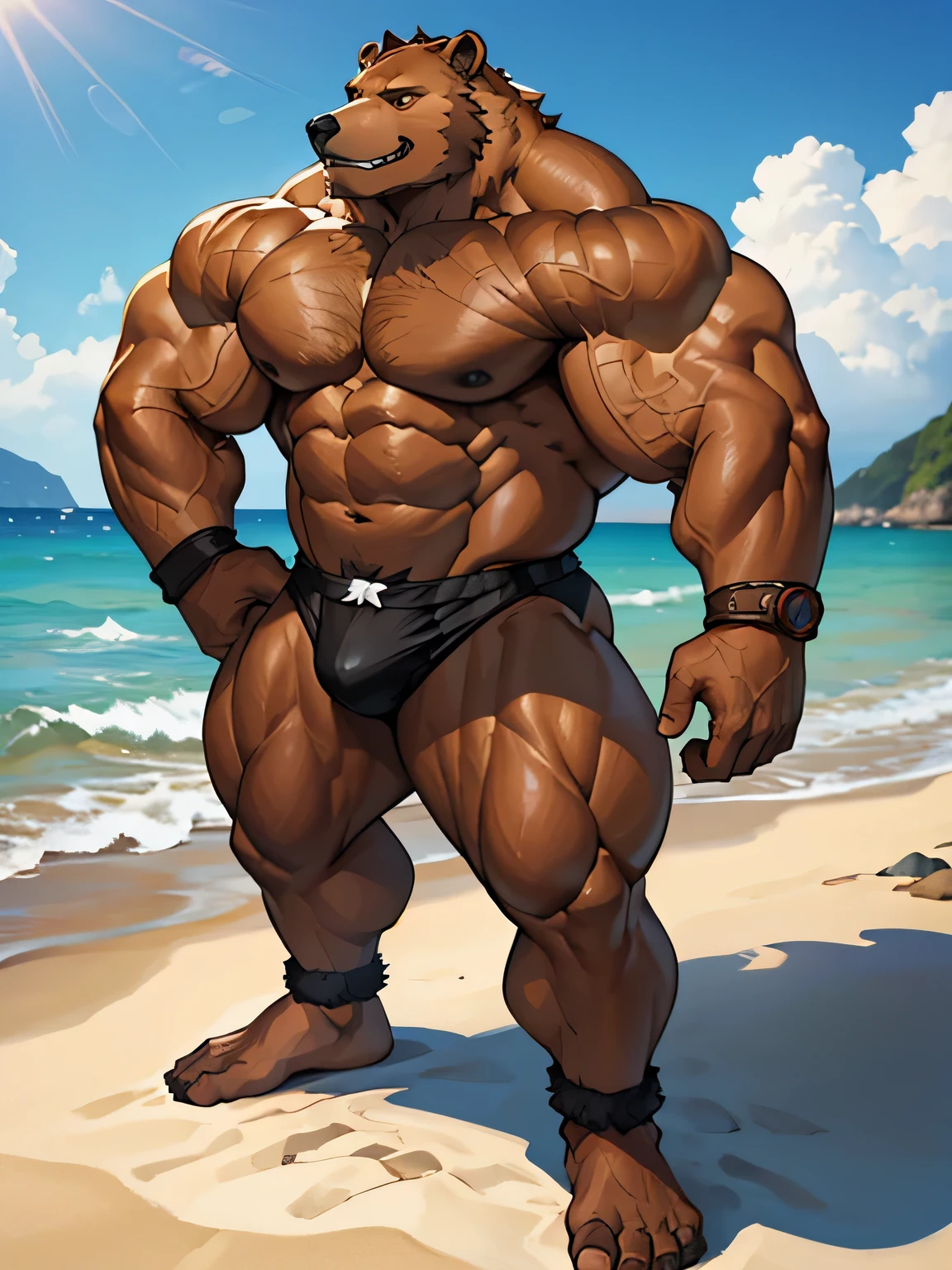 beach, extremely huge muscular, massive muscular, full-body, well-muscled grizzly bear. Doing pushups on the beach. ((extremely muscle size, super thick brown fur arms, huge back, extremely wide back and shoulder, huge fur arms)). Add eyes details and add details to make it attractive and interesting. Add textures and details to make the image more realistic, such as the appearance of the black speedo, wristbands, and brown fur texture and the appearance of the brown fur. Make sure the resulting image is high resolution, 8K quality."