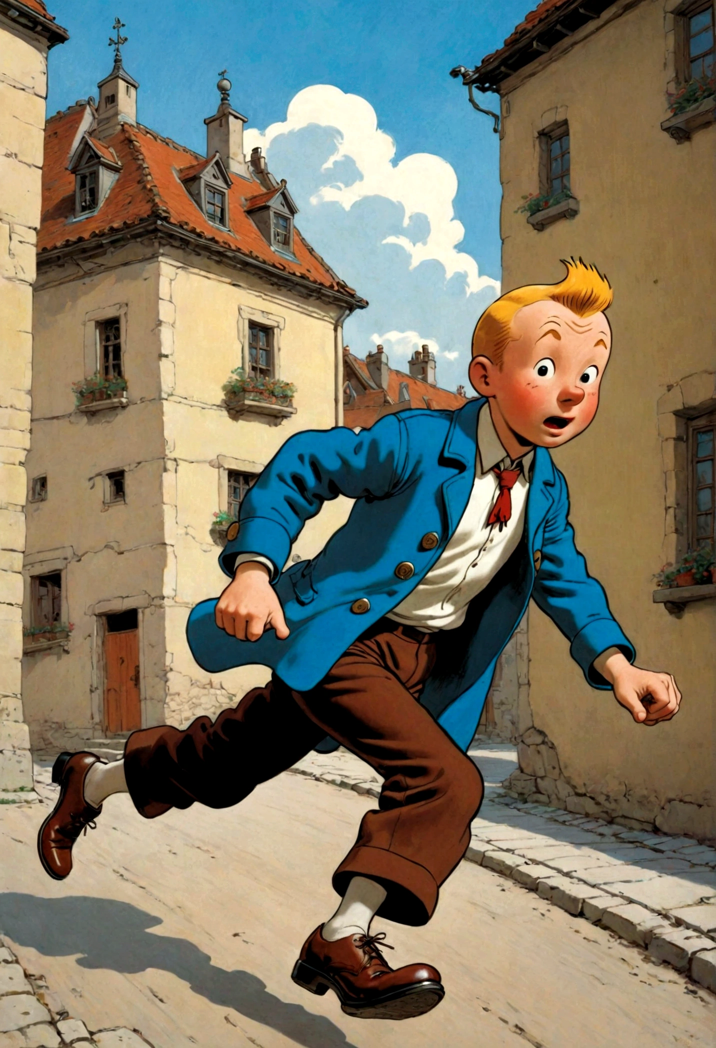 1 boy, Tintin, "Tintin历险记", Hergé style, Detective hat, running, magazine cover, magazine title, Dynamic poses, Drama, Movie camera angle, European Comics, 90s cartoon art style, Dynamic action scenes, Vibrant colors, movie lighting, Dramatic Lighting, best quality, masterpiece, very beautiful, Perfect composition, Intricate details, Extremely detailed