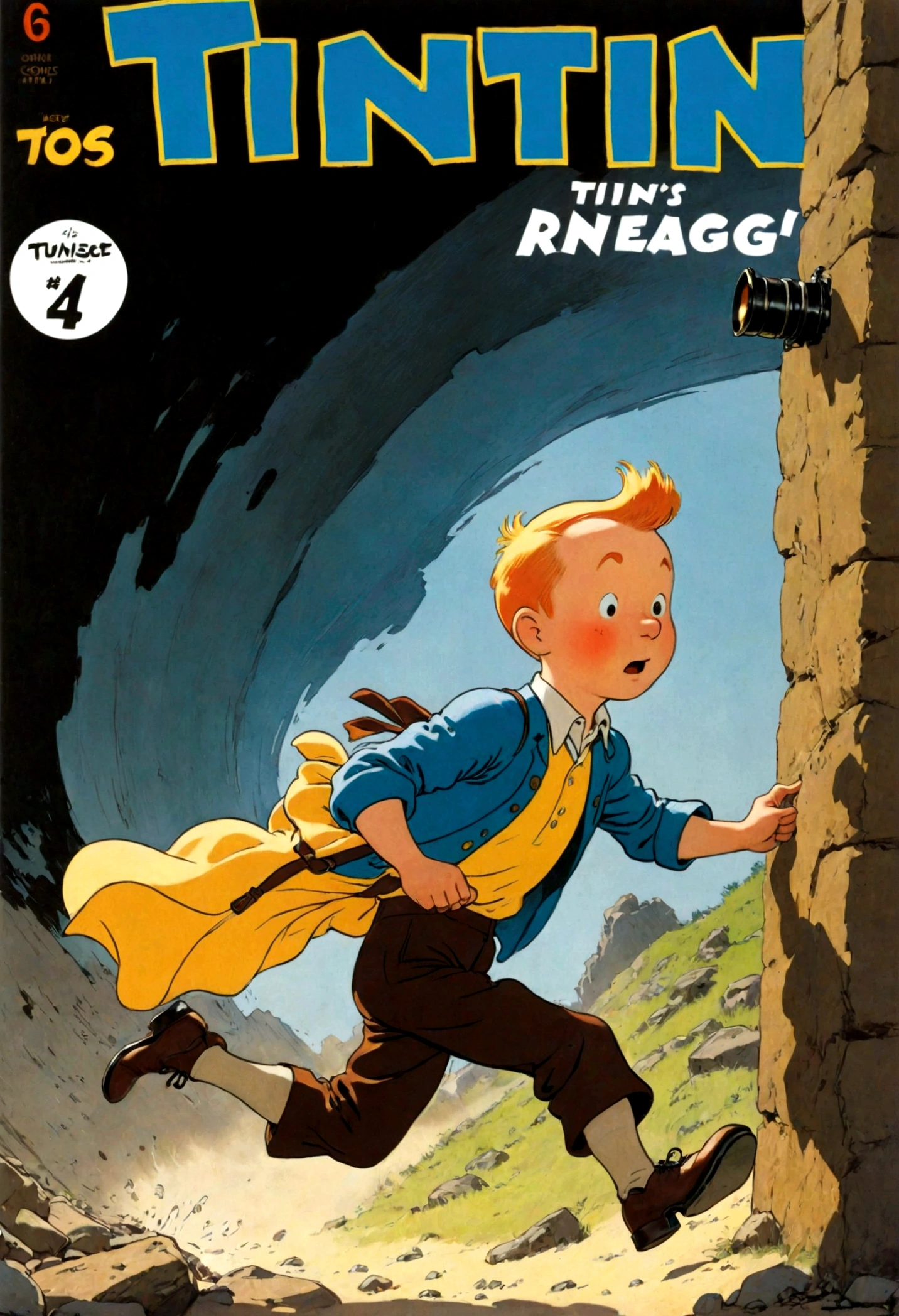 1 boy, Tintin, "Tintin历险记", Hergé style, Detective hat, running, magazine cover, magazine title, Dynamic poses, Drama, Movie camera angle, European Comics, 90s cartoon art style, Dynamic action scenes, Vibrant colors, movie lighting, Dramatic Lighting, best quality, masterpiece, very beautiful, Perfect composition, Intricate details, Extremely detailed