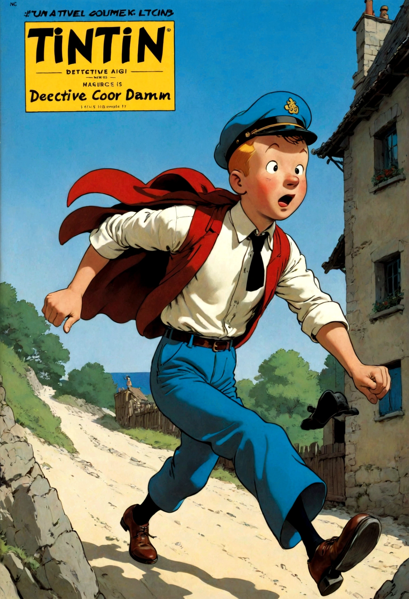 1 boy, Tintin, "Tintin历险记", Hergé style, Detective hat, running, magazine cover, magazine title, Dynamic poses, Drama, Movie camera angle, European Comics, 90s cartoon art style, Dynamic action scenes, Vibrant colors, movie lighting, Dramatic Lighting, best quality, masterpiece, very beautiful, Perfect composition, Intricate details, Extremely detailed