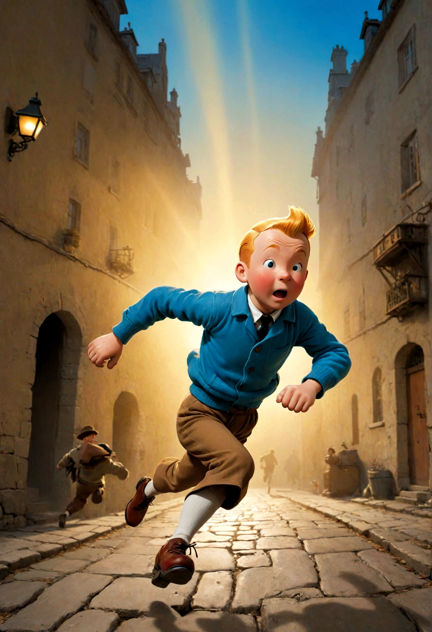 1 boy, Tintin, "Tintin历险记", Hergé style, Detective hat, running, magazine cover, magazine title, Dynamic poses, Drama, Movie camera angle, European Comics, 90s cartoon art style, Dynamic action scenes, Vibrant colors, movie lighting, Dramatic Lighting, best quality, masterpiece, very beautiful, Perfect composition, Intricate details, Extremely detailed