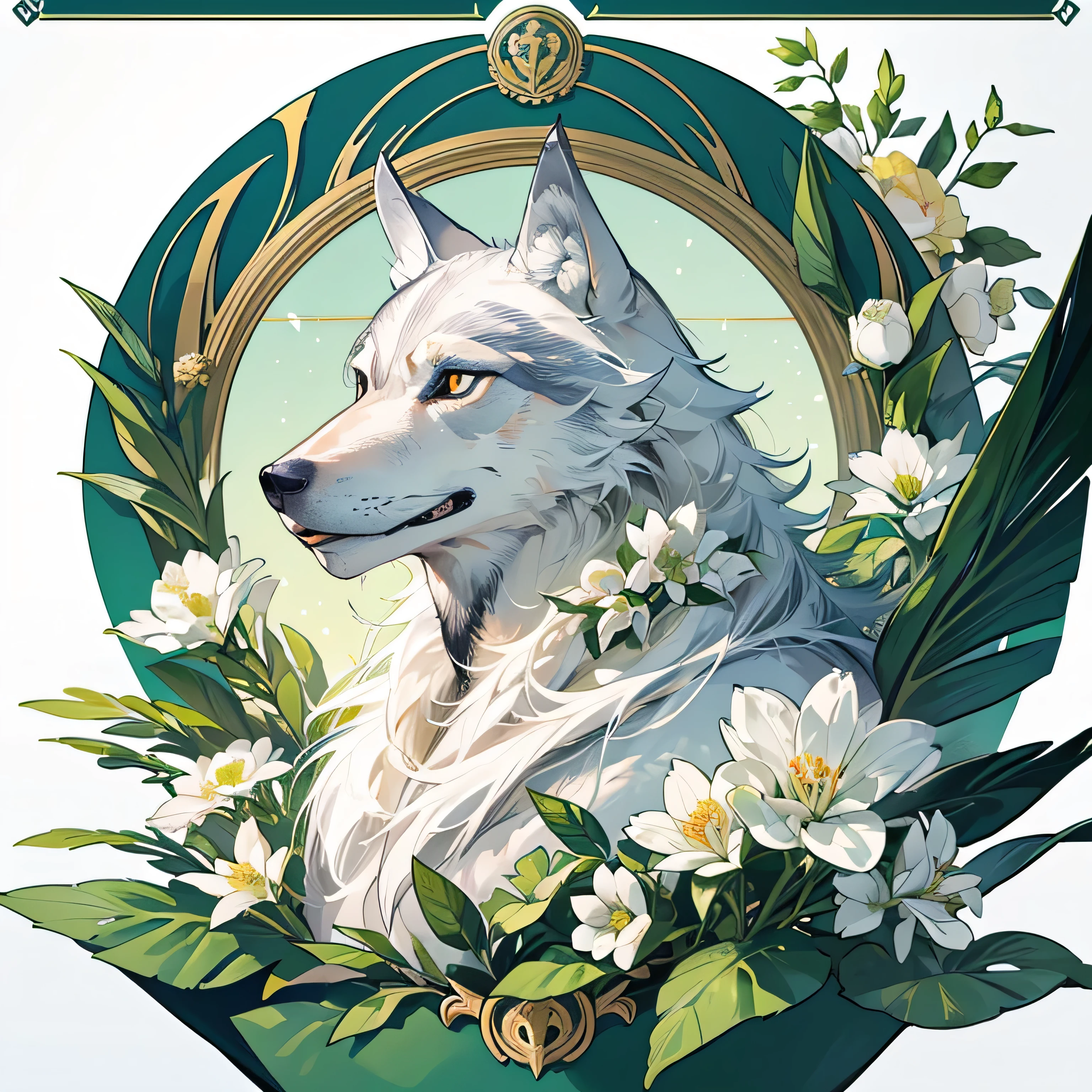 highest quality, highest quality, (((One Wolf))), logo, White background only, Symbolism, 14k, Complex and detailed, simple frame, green, (((no human))), Fine fur, sparkling Eyes, corporate logo, Panorama, Long Shot, front, white flower, Top Quality, faint light