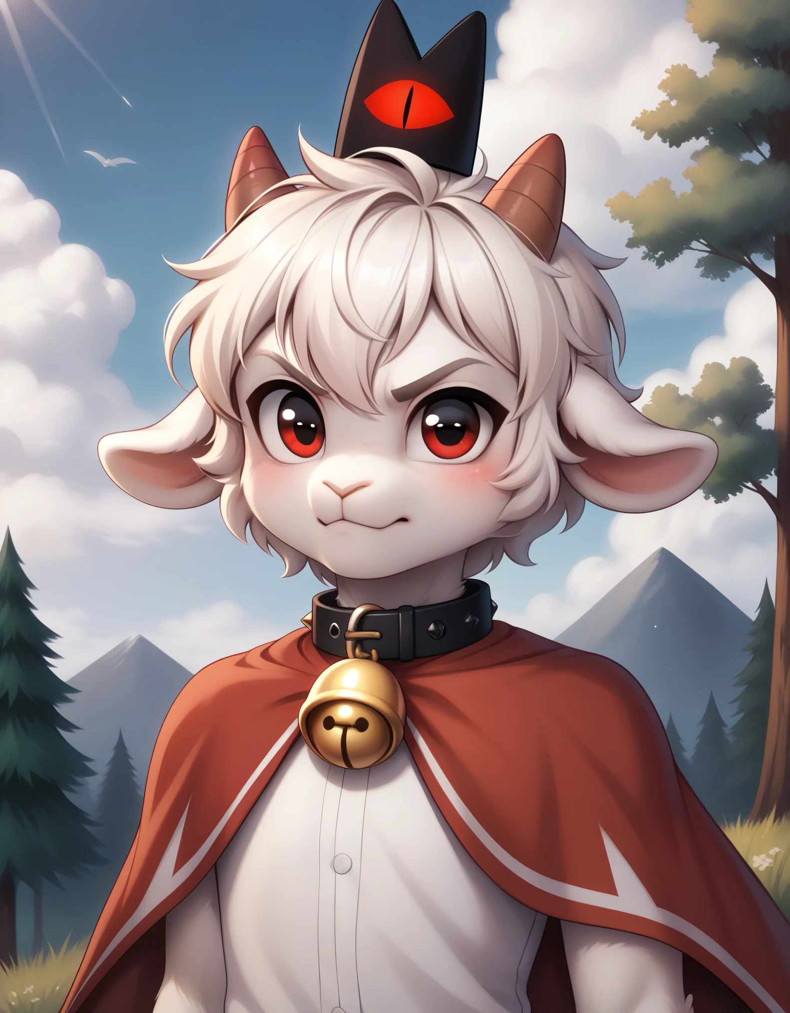 (best quality, high quality:1), cult of the lamb, sheep, male, cute, anthro, short, white fur, fluffy, small horns, angry face, looking at viewer, black eyes, clothes, red cape, black collar with bell, black crown with red eye, sky, clouds, spruce, forest background, safe, 