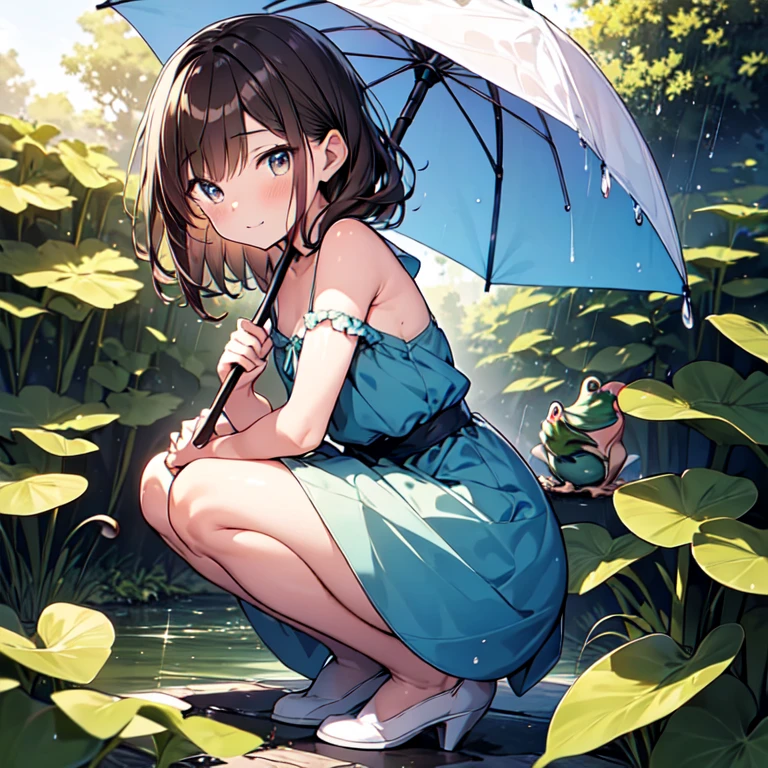 garden,Morning glories grow to waist height,There is a tiny frog on a morning glory leaf,highest quality, masterpiece, Ultra-high resolution, 8k,Rainy Sky,,((I crouched under the umbrella、Watching a tiny frog on a morning glory leaf..))
Happy,Sparkling eyes,Focus on girl,
Show anime style , (((girl１people,Tiny frog 1))), Soft Line Art, Digital Enhancement, shojo anime touch, shojo manga core, Flowing fabric, close, Soft Drawing, Ultra High Definition Digital Anime Art, Clear facial depiction, Super detailed girl cartoon character art, Ultra-detailed manga style, highest qualityの色,
 (Short brown hair), Wet Hair,Beautiful brown hair, Clear brown eyes, Slightly thicker,Small breasts,Small Ass,(((looking at frog)))