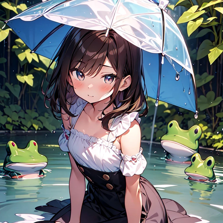 garden,Morning glories grow to waist height,There is a tiny frog on a morning glory leaf,highest quality, masterpiece, Ultra-high resolution, 8k,Rainy Sky,,((I crouched under the umbrella、Watching a tiny frog on a morning glory leaf..))
Happy,Sparkling eyes,Focus on girl,
Show anime style , (((girl1people,Tiny frog 1))), Soft Line Art, Digital Enhancement, shojo anime touch, shojo manga core, Flowing fabric, close, Soft Drawing, Ultra High Definition Digital Anime Art, Clear facial depiction, Super detailed girl cartoon character art, Ultra-detailed manga style, highest qualityの色,
(Short brown hair), Wet Hair,Beautiful brown hair, Clear brown eyes, Slightly thicker,Small breasts,Small Ass,(((looking at frog)))